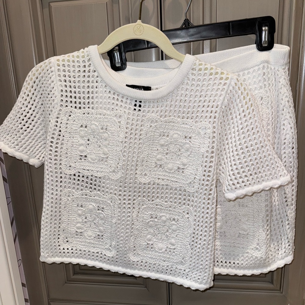 Aqua white mini skirt and top set